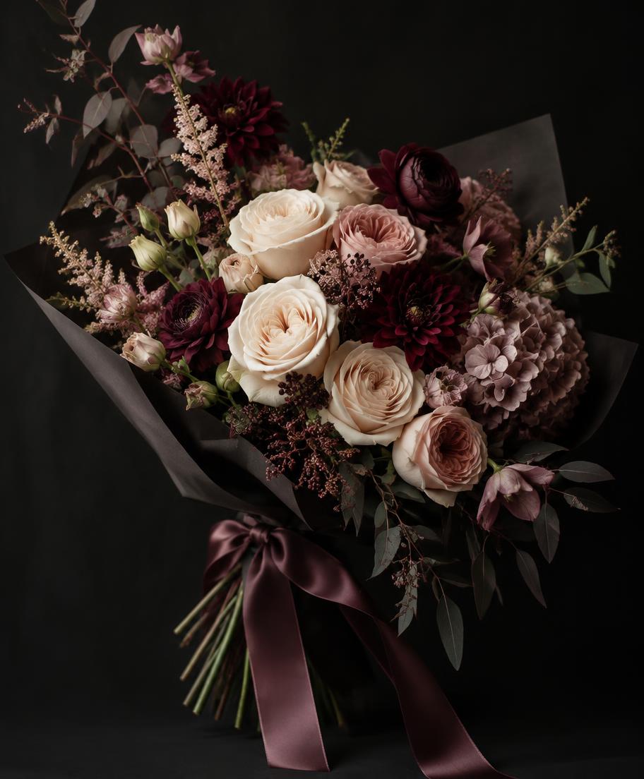 Custom luxury bouquet of cream roses and burgundy flowers with dark wrapping