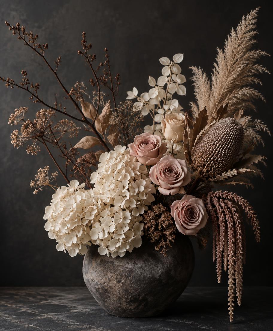 Preserved roses, ivory hydrangeas and dried botanicals in a stone vase